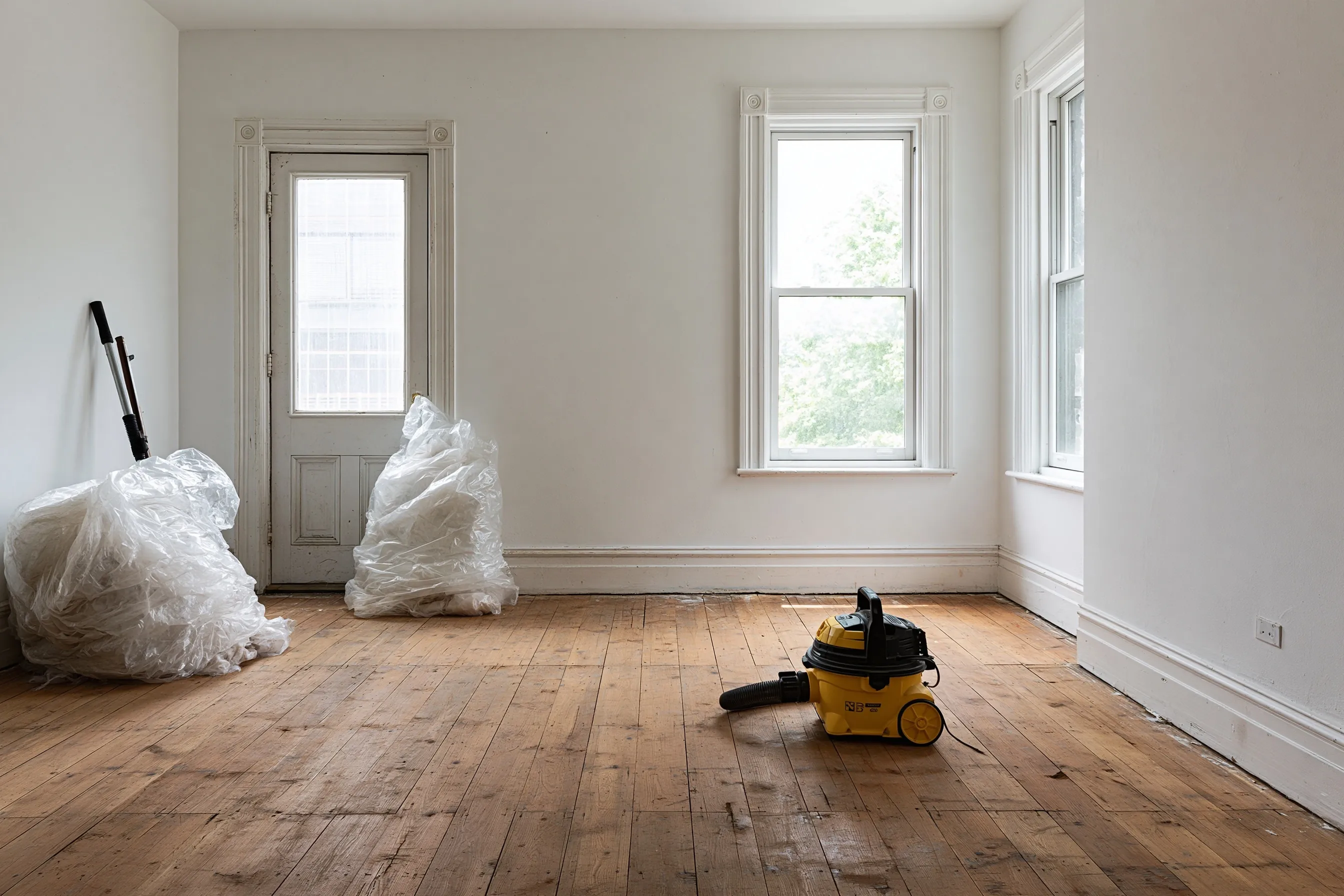 Empty room with a bare wood floor, bagged plastic sheeting and a shop vacuum